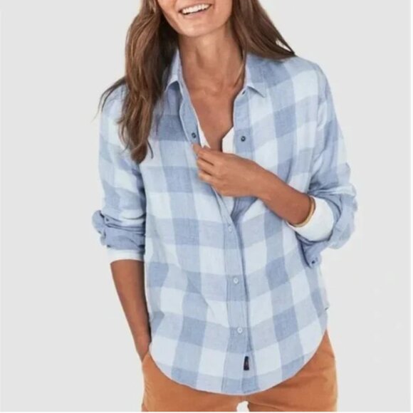 Faherty Tops - Faherty Belmar Organic Cotton Reversible Shirt Steel Blue Buffalo Plaid S